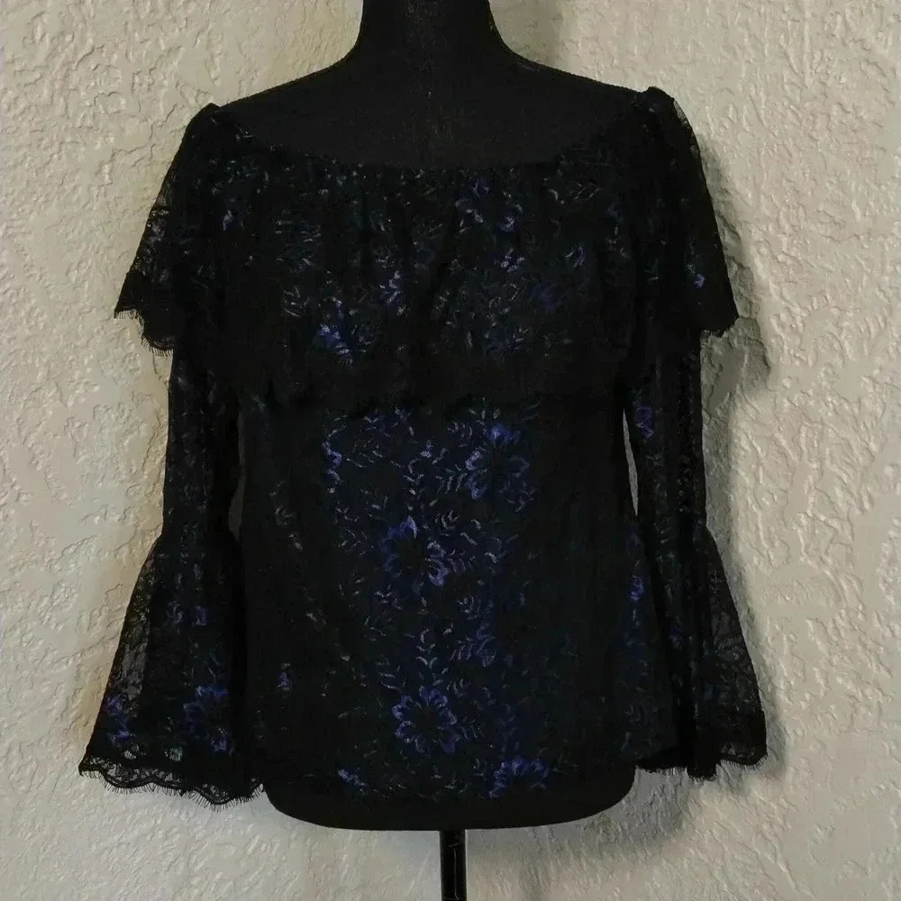 White house black market blue lace off the shoulder bell Sleeve top blouse - Picture 2 of 9